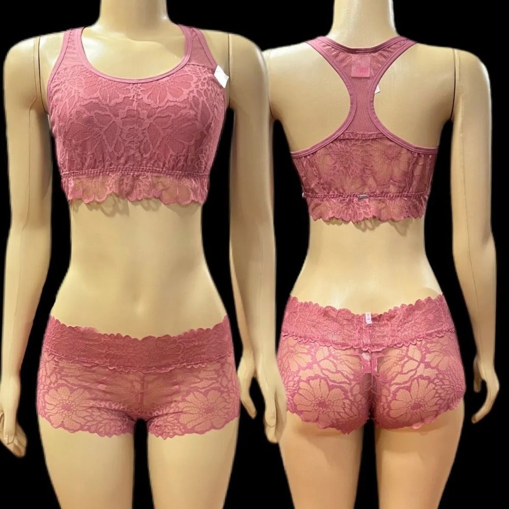 Victoria’s Secret Pink Set Lace Bralette Bra & Cheeky Boyshort panty Begonia L